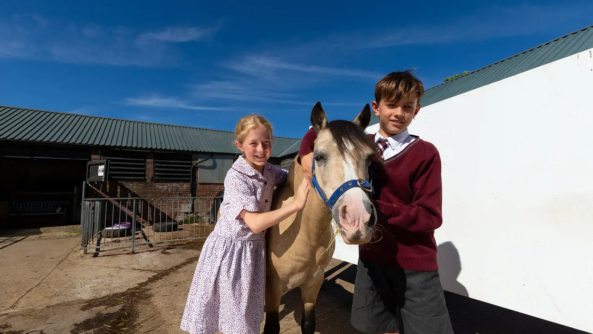 Kent College Junior School pupils with a horse at our farm